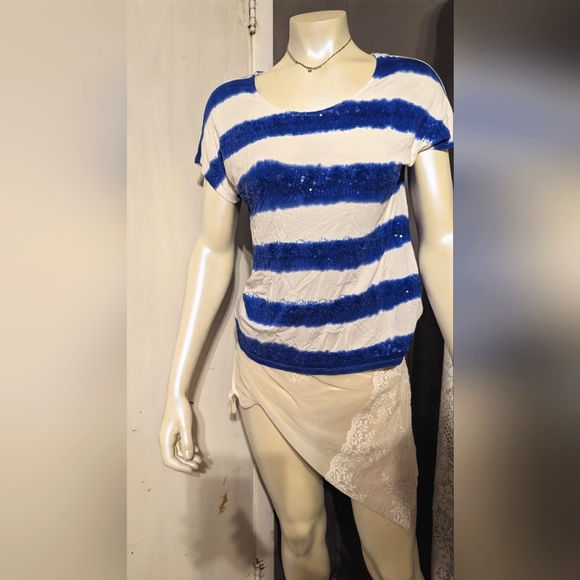 Stretchy Coldwater creek sequin nautical striped blue top small summer club - Picture 1 of 7